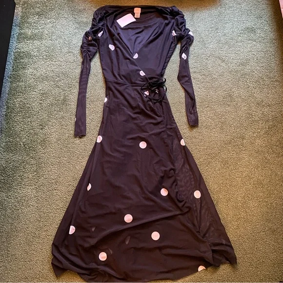 NWT H&M Black And Gray Mesh Polka Dot Long Wrap Midi Dress - Size XS